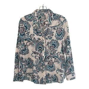 Chico's Paisley No Iron Wrinkle Free Button‎ Down Shirt Blue Pink Size 0